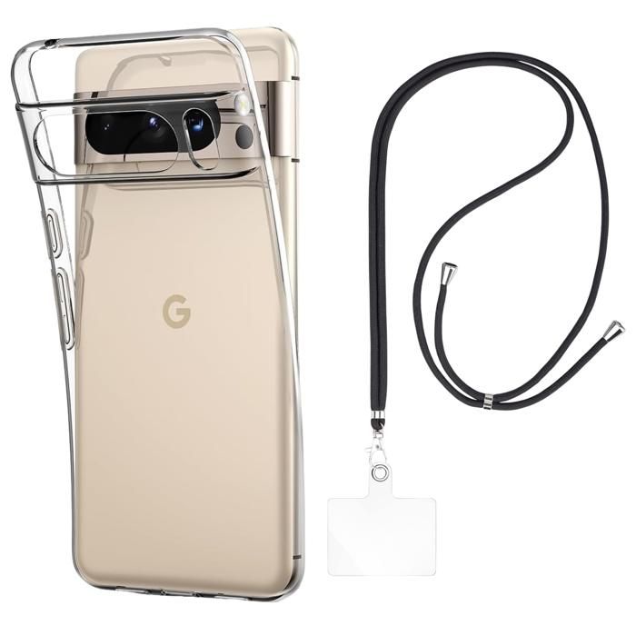 Case and Neck Strap for Google Pixel 8 Pro - Transparent Soft TPU Adjustable Black Cord Phonillico®