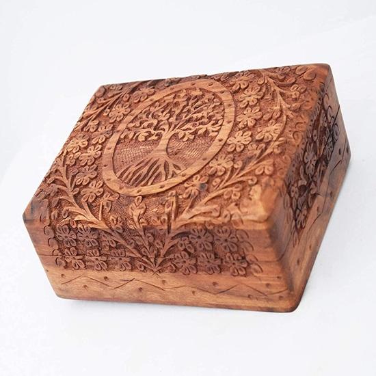 17.78 Cm Wooden Jewellery Box for Women Wood Jewel Organiser Hand Carved with Tree Carvings Gift Items for Jewellery