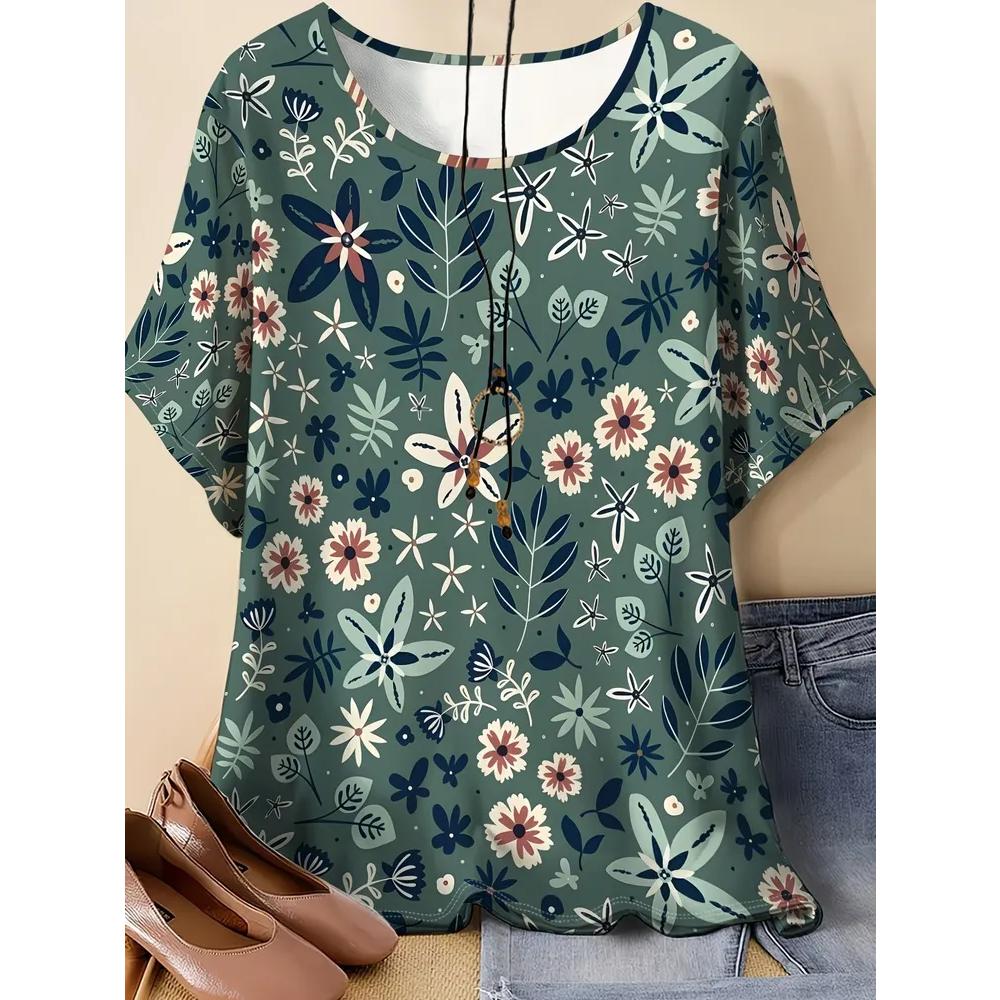 Women's Flower Print Versatile Top Casual Short Sleeve Loose Comfortable T-Shirts Women’s