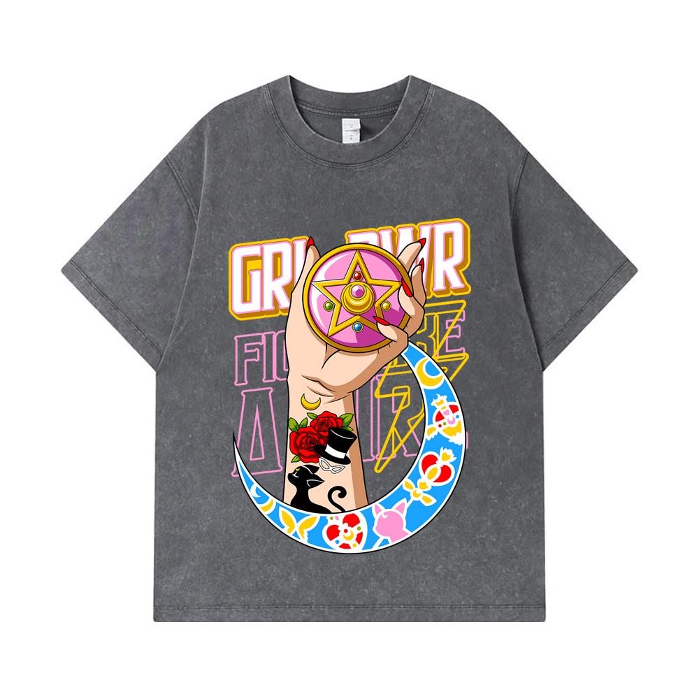 275 GSM Washed T-shirts 100% Cotton Sailor Moon V12 Girl Power Print Unisex Heavy Cotton T Shirt