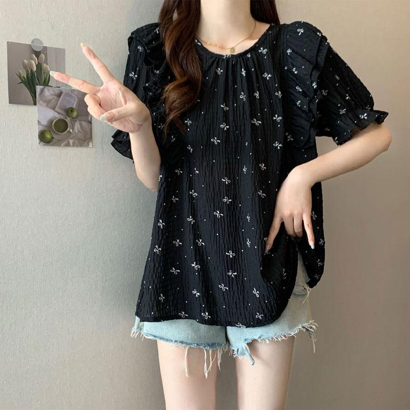 Bow Print Loose Top Women's Summer New Pleated Short Sleeved Shirt Korean Series