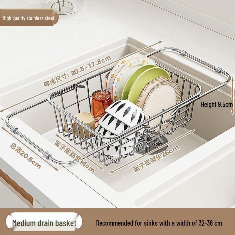 Retractable Stainless Steel Sink Basket and Dish Drying Rack for Kitchen Use