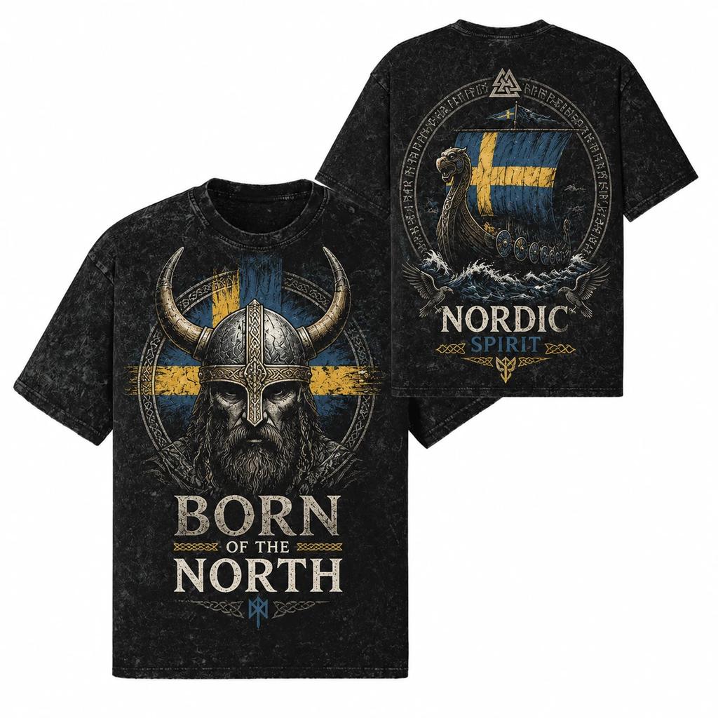 Szwecja Wiking Wojownik Nordycki Valhalla Top z Nadrukiem 260 GSM | Oversize Snow Wash