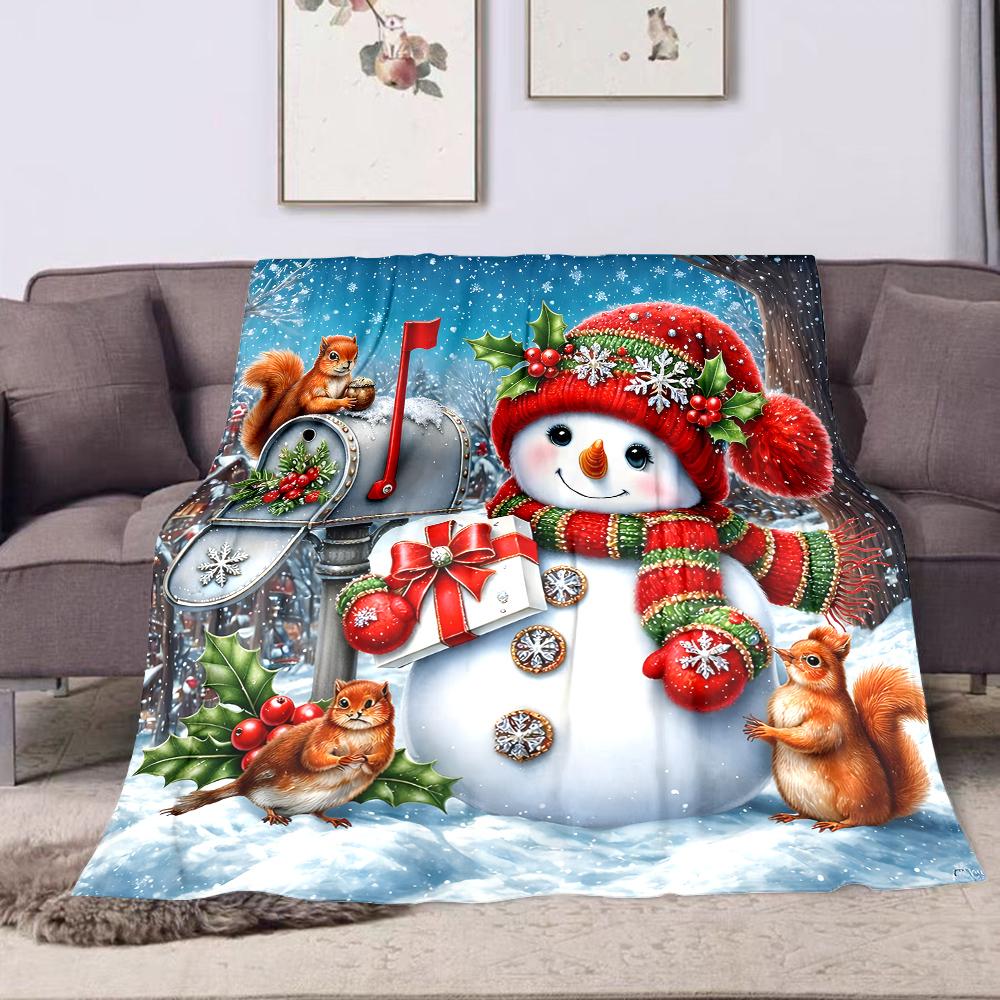 Snowman and Squirrels Christmas Scene Patterned flannel blanket perfect for the bedroom living room, sofa, or a little nap