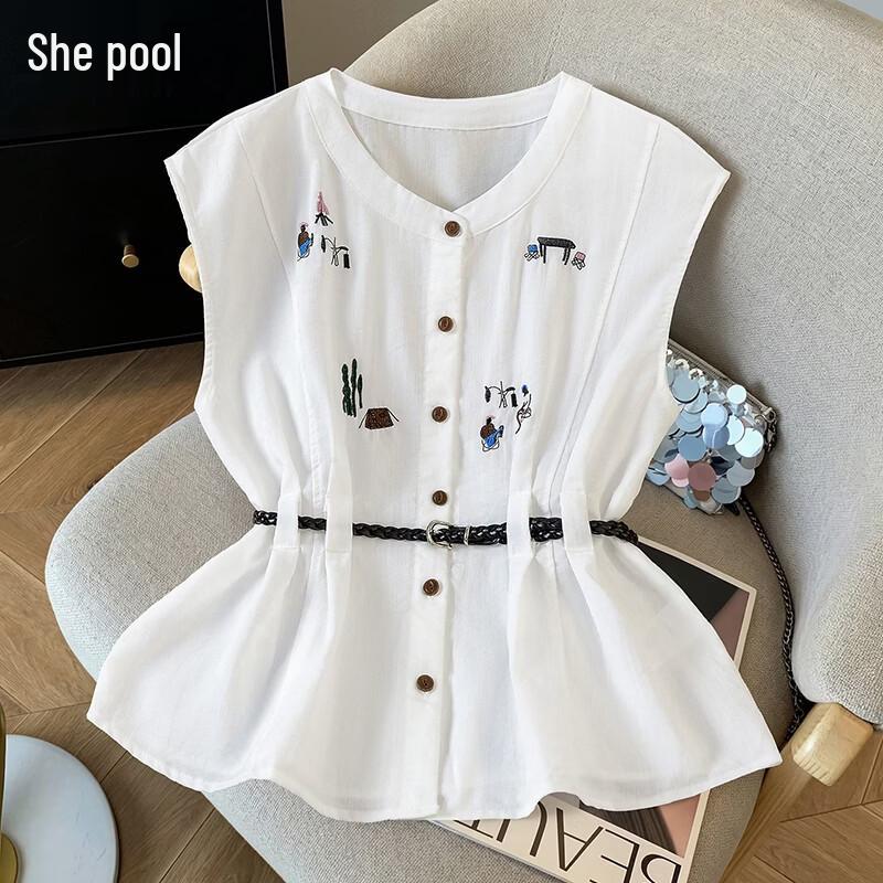 Women s Embroidered Sleeveless Round Neck Top S