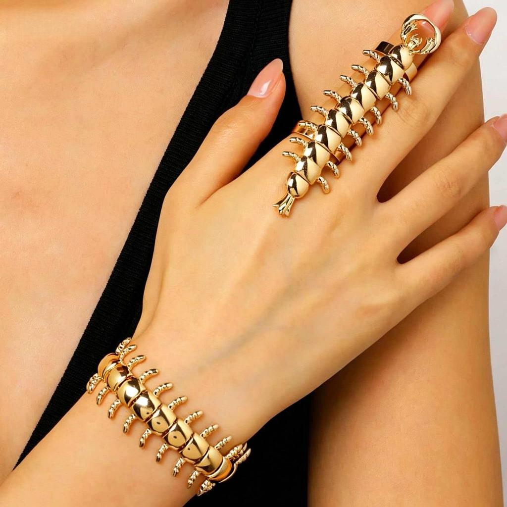 2-teiliges kreatives Metall-Durchbruch-Blatt-Armreif- & Ring-Set für Damen