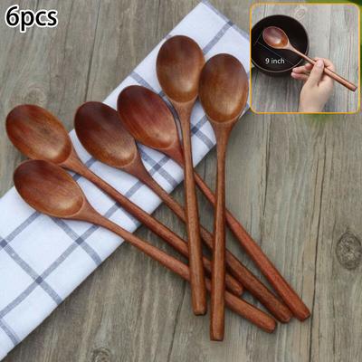 6PCS japanischer Stil hölzerner Suppenlöffel natürliches Geschirr Holzteelöffel praktisch