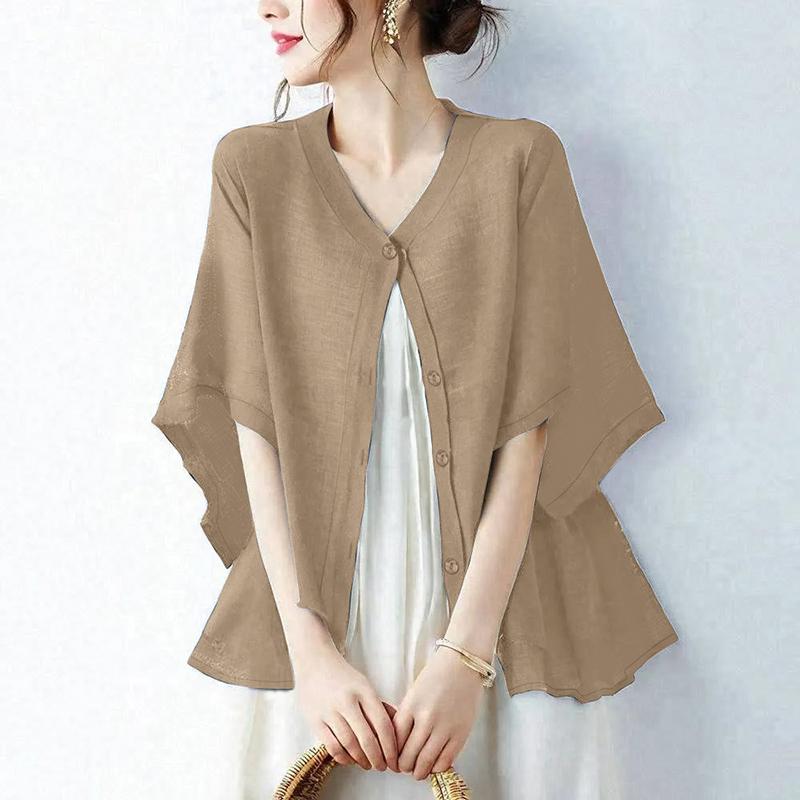 ZANZEA Women Casual Round Neck Half Sleeve Loose Cardigan Blouse