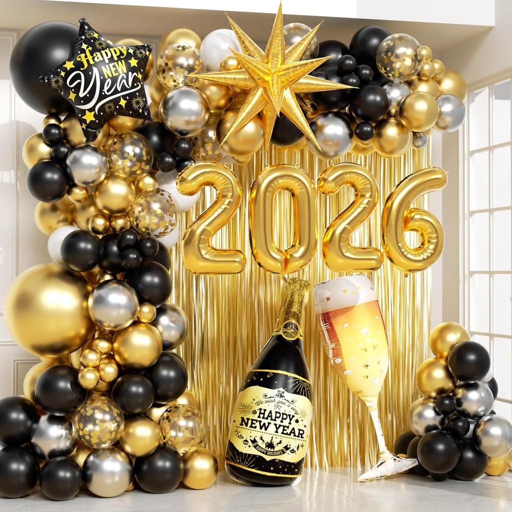 7pcs Hello 2026 New Year Aluminum Foil Balloon Set Rose Gold Conjoined Letters & Numbers for Party Decor Holiday Celebration