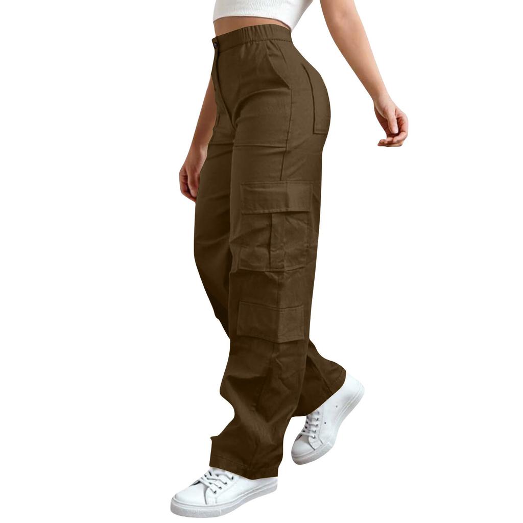 Womens Elastic High Waisted Cargo Pants Stretch Casual Wide Leg Streetwear Parachute Hiking Pants With Pockets