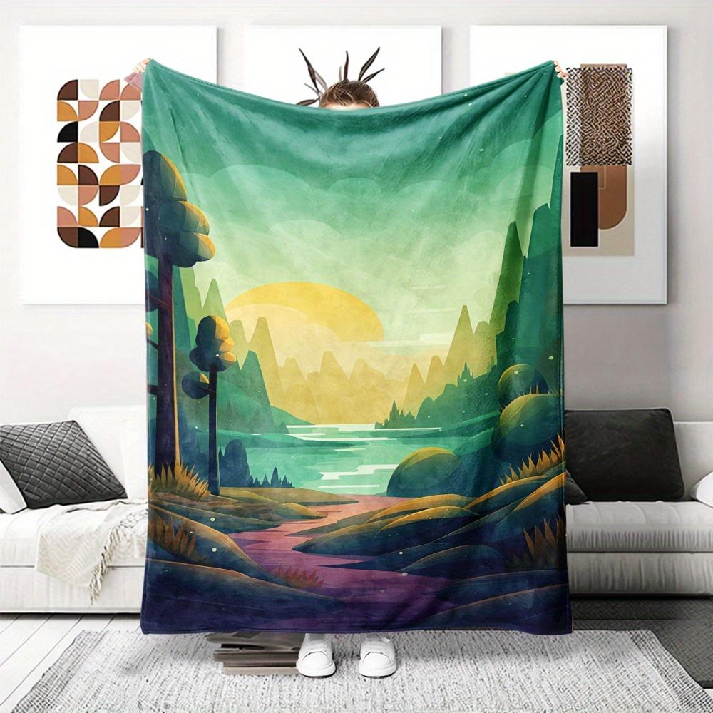

Watercolor natural landscape pattern Flannel printed blanket suitable for all seasons suitable for living office sofa and travel 75x100cm