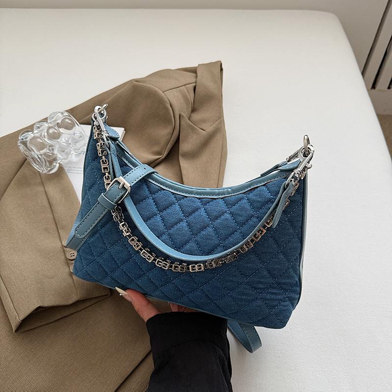 Denim Underarm Bag Women's 2025 New Trend Rhombus Embroidery Thread Chain Single Shoulder Oblique Span Bag Commuter Bag