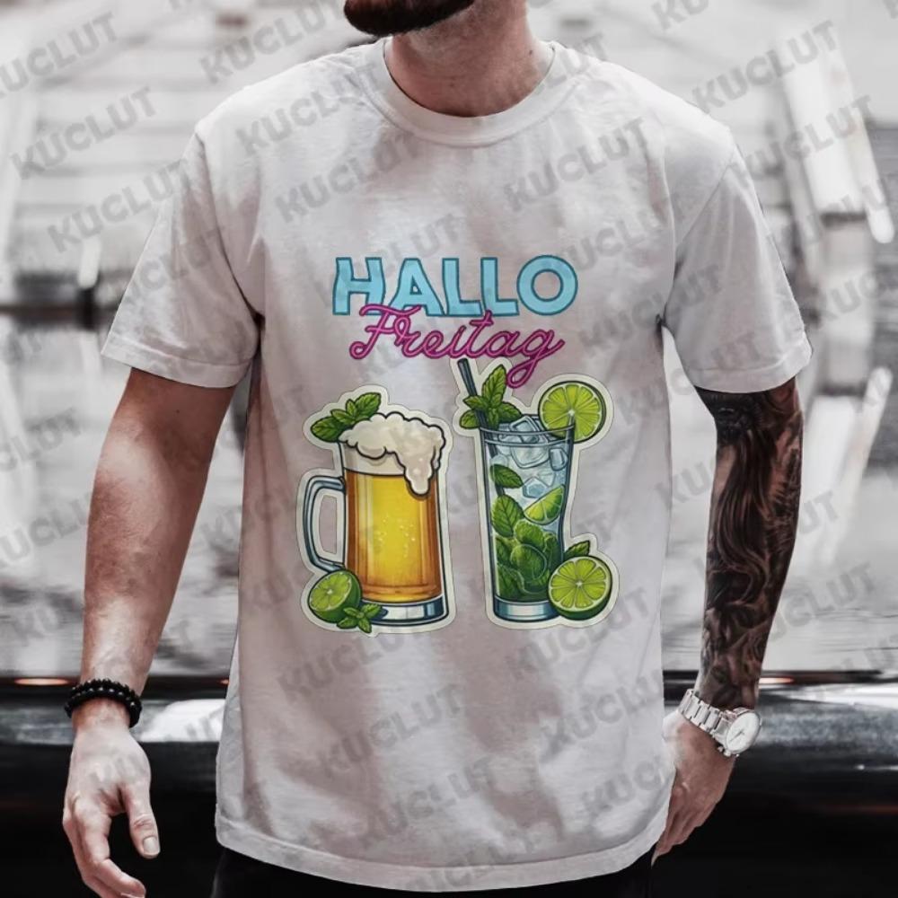 T Shirt for Men HELLO FRIDAY Graphic Tops Y2k Clothes Beer Lover Drinking Day Party Tees Matching Outfit Oversized Streetwear