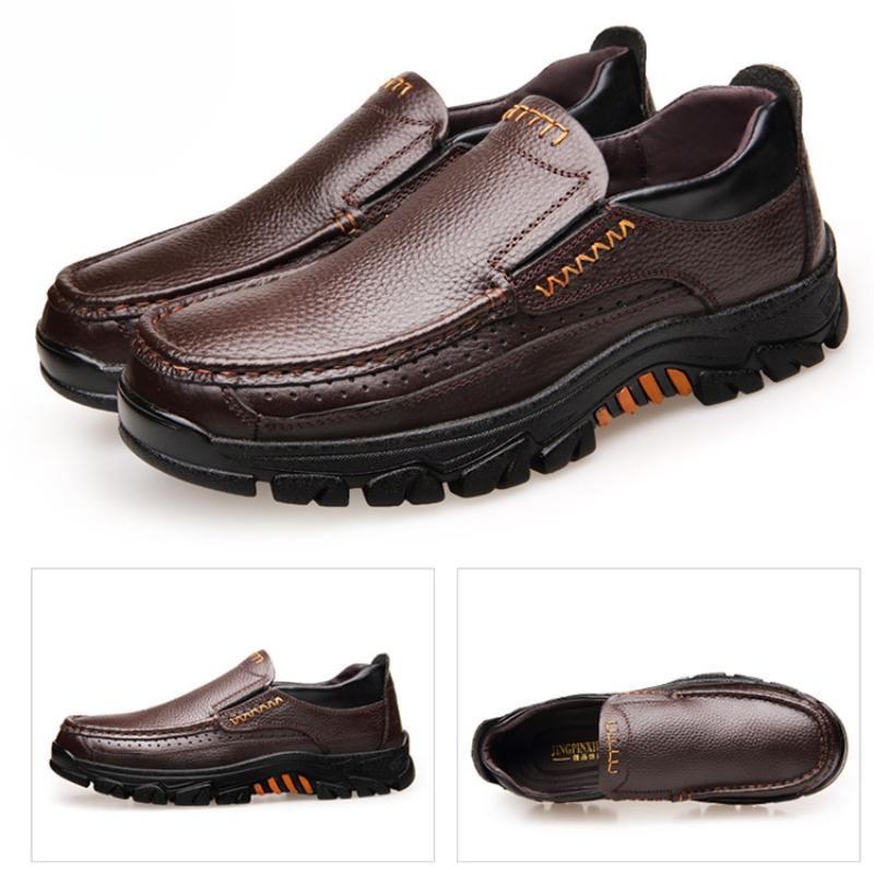 Pánské podzimní kožené boty pro muže, značkové boty z hovězí kůže, hnědé, s tlustou podrážkou
