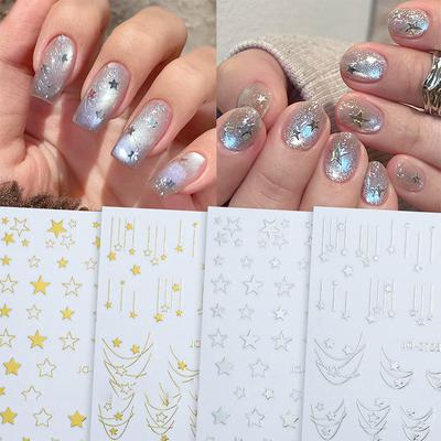 1 Sheet 3D Gold/ Silver Star Bronzing Nail Art Sticker Laser Star Styles Nail Decal Gold Silver Self-Adhesive Slider