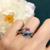 European and American Style Synthetic Red and Blue Sapphire Ring, Plated with 18K Gold, Inlaid with Zircon, Rainbow Colored Gemstone Women's Band Ring