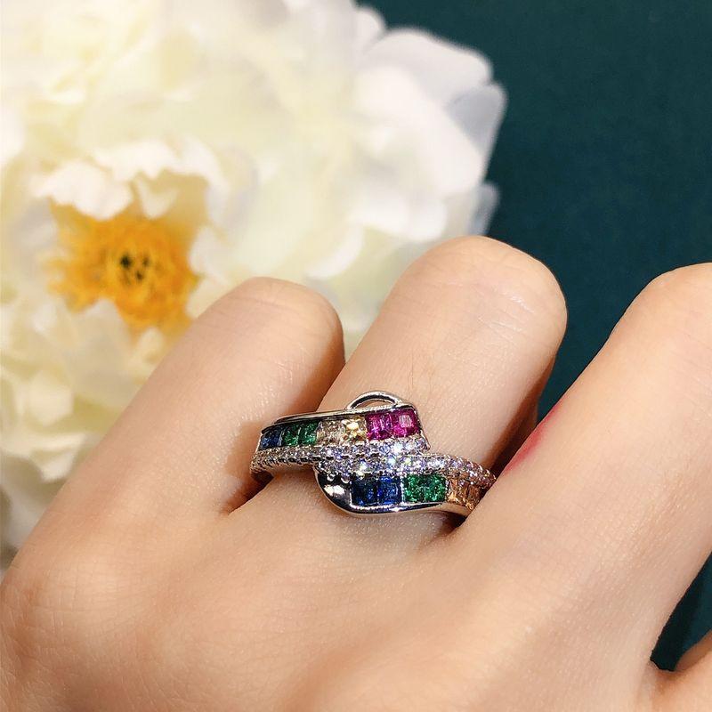 European and American Style Synthetic Red and Blue Sapphire Ring, Plated with 18K Gold, Inlaid with Zircon, Rainbow Colored Gemstone Women's Band Ring
