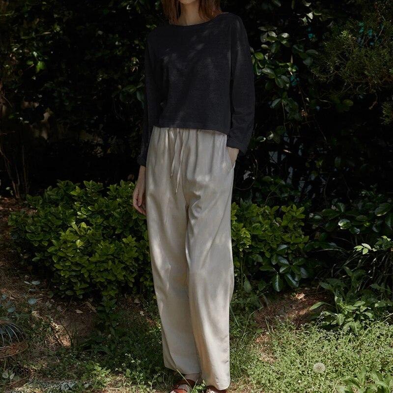 Johnature Spring Summer Long Sleeve T-Shirt Women Slouchy Cropped Underneath Simple Crewneck Thin Casual Tops