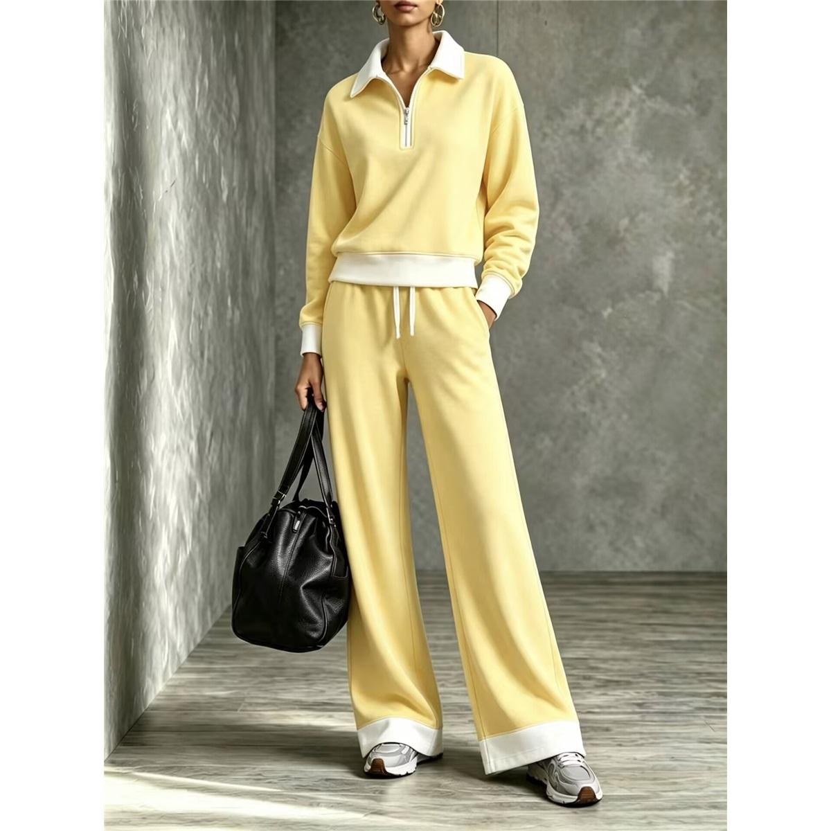 Dames 2-delige Trainingspak Halve Rits Kleurcontrasterende Kraag Sweatshirt Trekkoord Wijde Pijpen Broek Casual Loungewear Set XXL geel