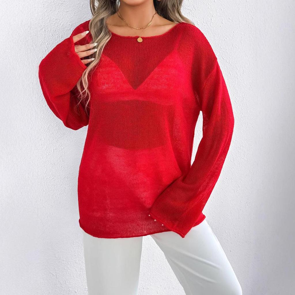 Cross-Border Casual Loose Knit Hollow Sweater: Women's Lightweight Bell Sleeve, Round Neck, Solid Color