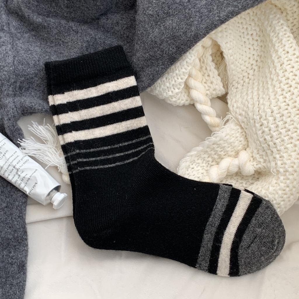 Vintage Maillard Contrasting Striped Mid-Leg Socks Women'S Season Birkenstockers Wool Warm Pile Socks