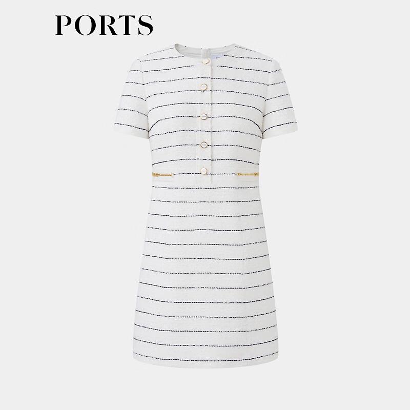 PORTS Women's White & Black Striped Short Sleeve Midi Dress