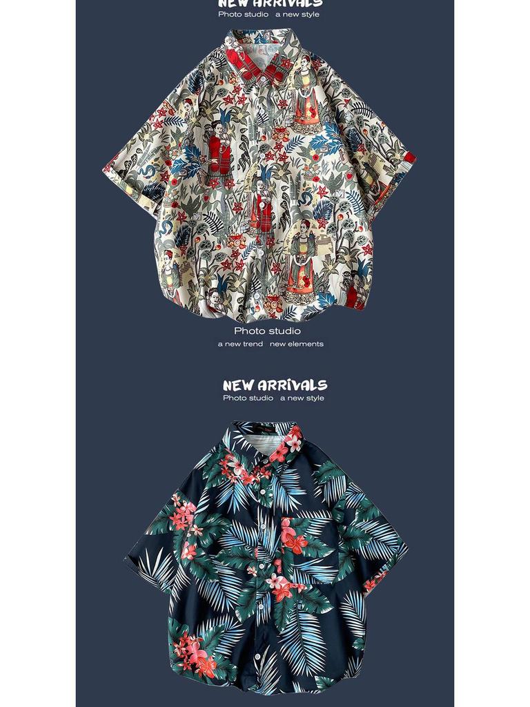 Letnia Koreańska Retro Kwiatowa Para Luźna Koszula z Krótkim Rękawem - Męski Modny Styl