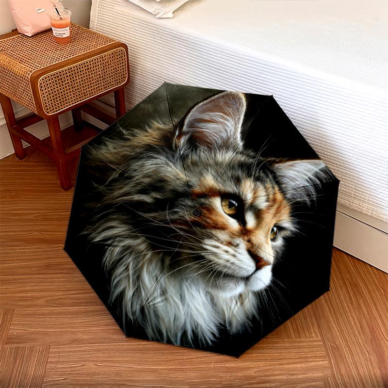 Black Kitten Pattern, Automatic Folding Umbrella, Portable and Foldable Design, 8 Ribs, a Christmas or Birthday Gift.