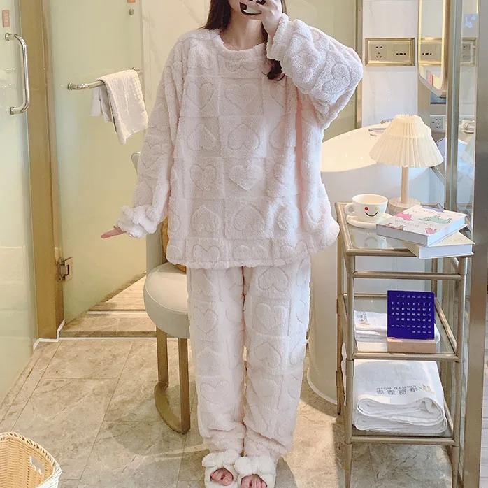 Set de pijamale calde pentru femei, iarna îngroșată de iarnă, pijamale din catifea coral, flanel, pijamale de marime mari, haine de acasă