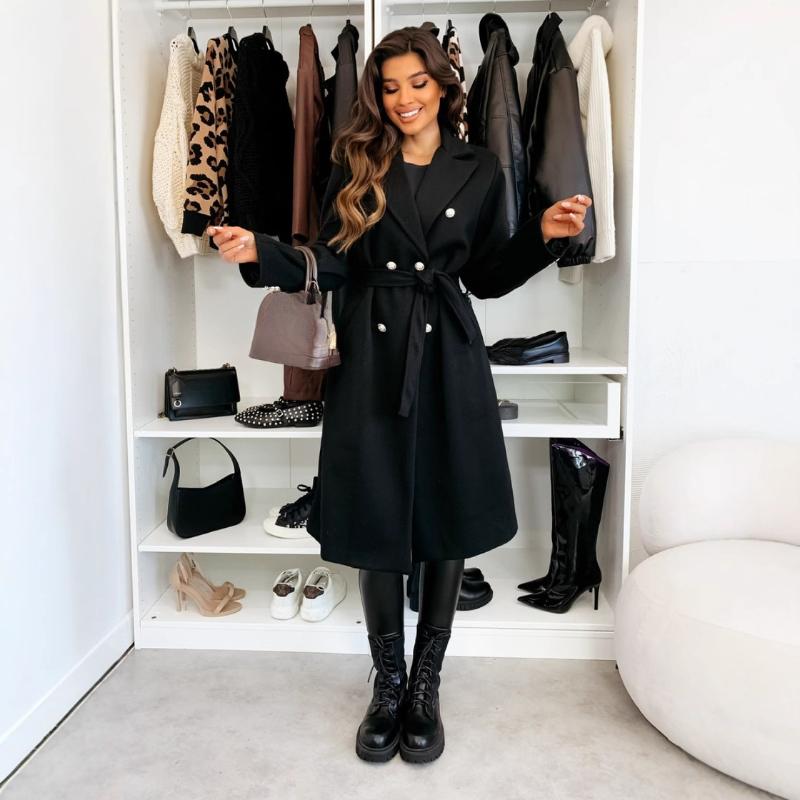 Women's Commuting Coat Winter Temperament Street Trend Solid Color Double Breasted Buckle Long Sleeve Tied Woolen Coats