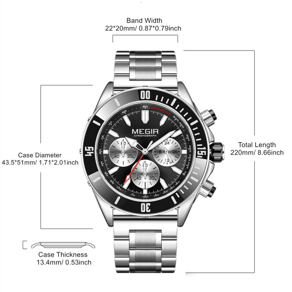 MEGIR Brand Business Watch for Men Luxury Quartz Clock Chronograph Waterproof Luminous Big Dial Sport Wristwatch Reloj Hombre 2226
