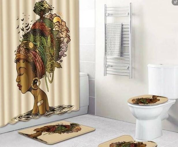 African American Women'S Bathroom Non-Slip Floor Mat, Shower Curtain Combination Carpet, European And American Wind Explosion Female Fixed Zhi