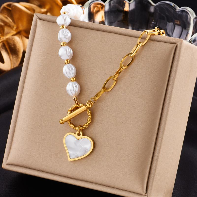 DIEYURO 316L Stainless Steel Gold Heart Pearl Pendant Necklace For Women Punk Street Rustproof Neck Jewelry Party Gift