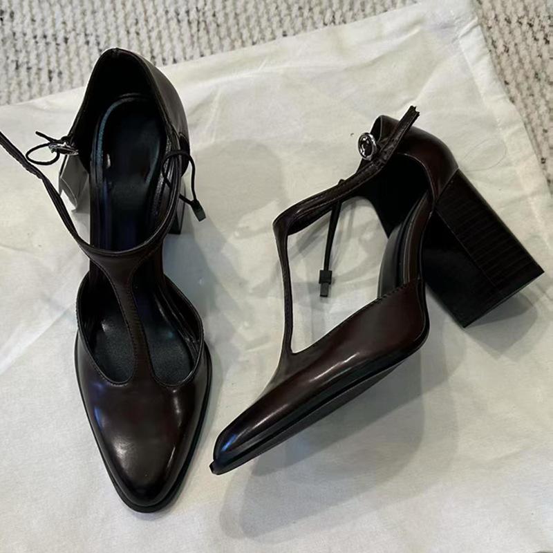 

Sheepskin version~ French retro Mary Jane shoes women s new pointed thick heel light mouth single shoes are not tired of high heels 40 коричневый