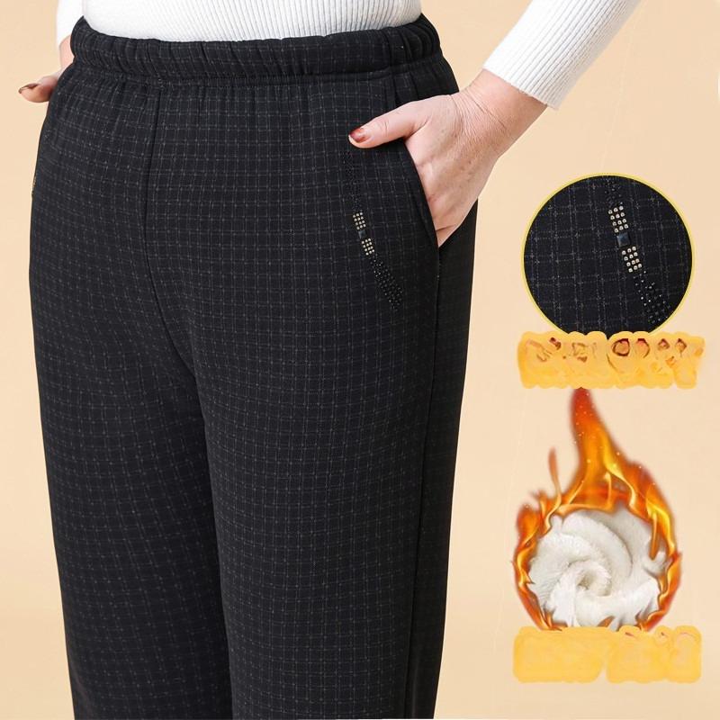 Middle-aged and Elderly Trousers Casual Straight Embroidered Flower Women's Elastic Waist Autumn and Winter Plus Velvet Thick Loose Winter Clothes