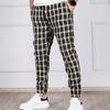 Men Pants Color Matching Plaid Print Drawstring Elastic Waist Ankle-banded Pockets Mid
