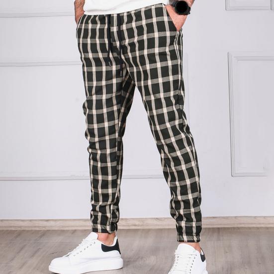 Men Pants Color Matching Plaid Print Drawstring Elastic Waist Ankle-banded Pockets Mid