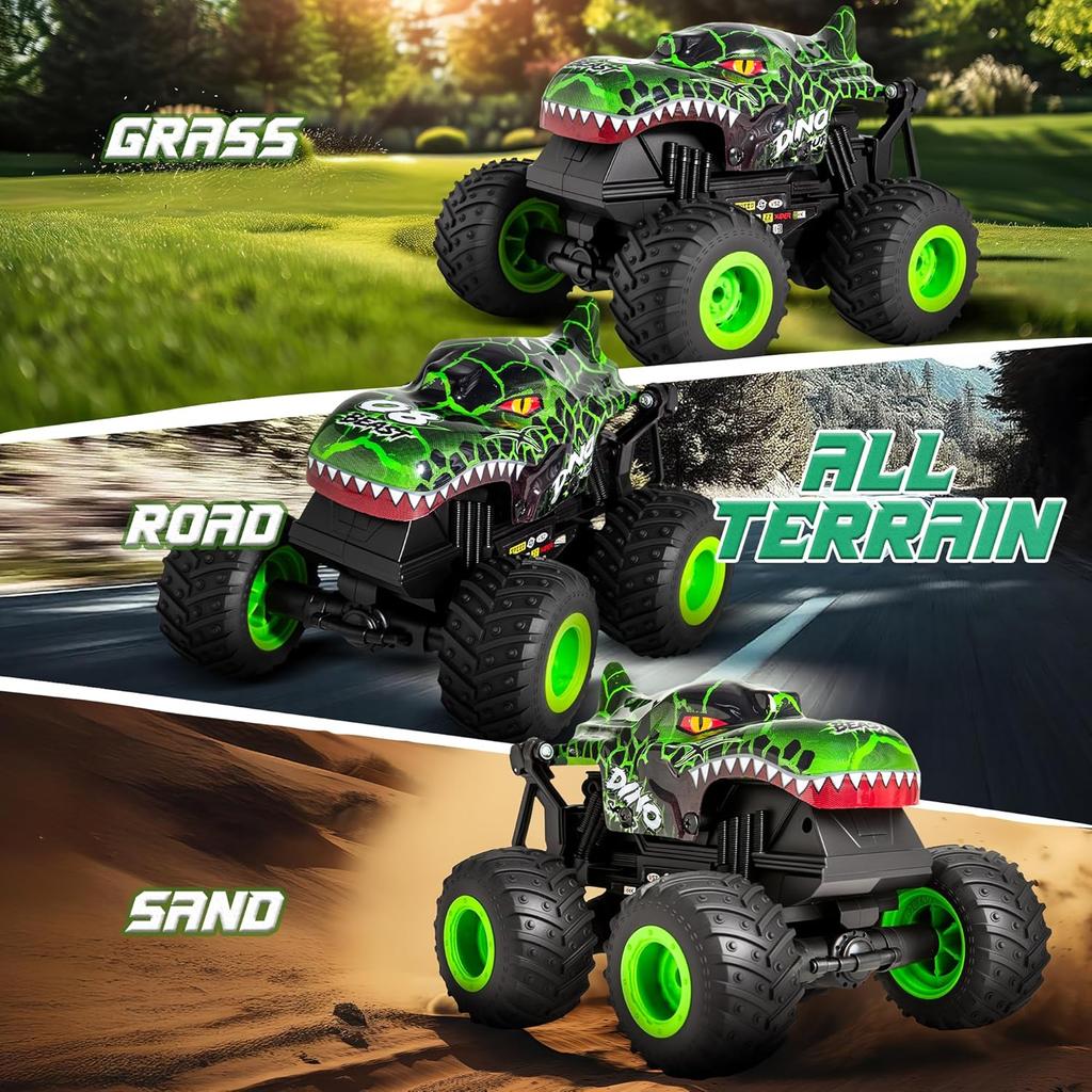 Remote Control Monster Truck - Dinosaur Monster Truck Toys with Music and Light, 1:20 Scale RC Truck with 360° Spins, Remote Control Car for Boys