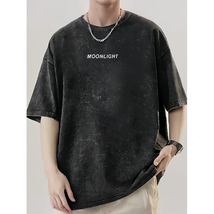 MOONLIGHT Letter Print Summer Men'S Trendy Drop Shoulder High-Quality Thick Oversized Vintage Pure Washed Craft Round Neck T-Shirt Street Style Loose