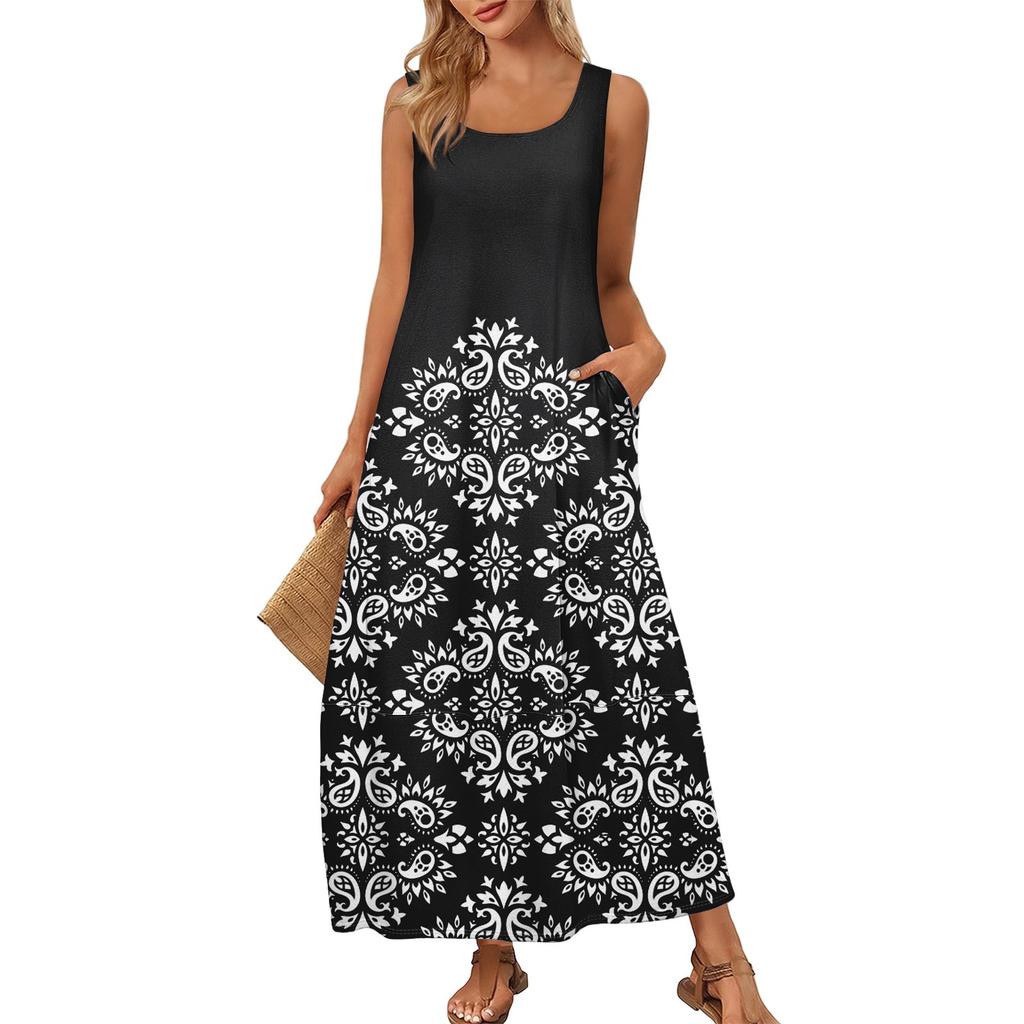 Women's Summer Fashion Round Neck Sleeveless Beach Dress Vintage Floral Printed Dresses