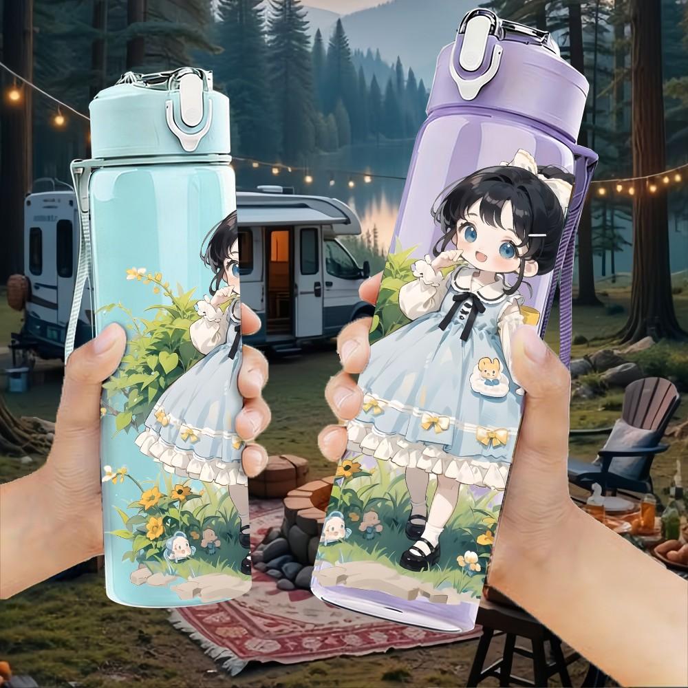 1PC Light Blue Dress Girl Green Leaf Pattern 750ml Color Plastic Sports Water Bottle Leakproof Flip Straw Lid Suitable for Sports Office Home Use