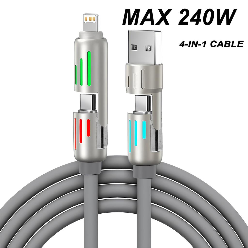 4-in-1 240W USB Typ C Silikon Schnellladekabel, Für iPhone Huawei Samsung Xiaomi Langlebiges Typ-C zu USB A Kabel
