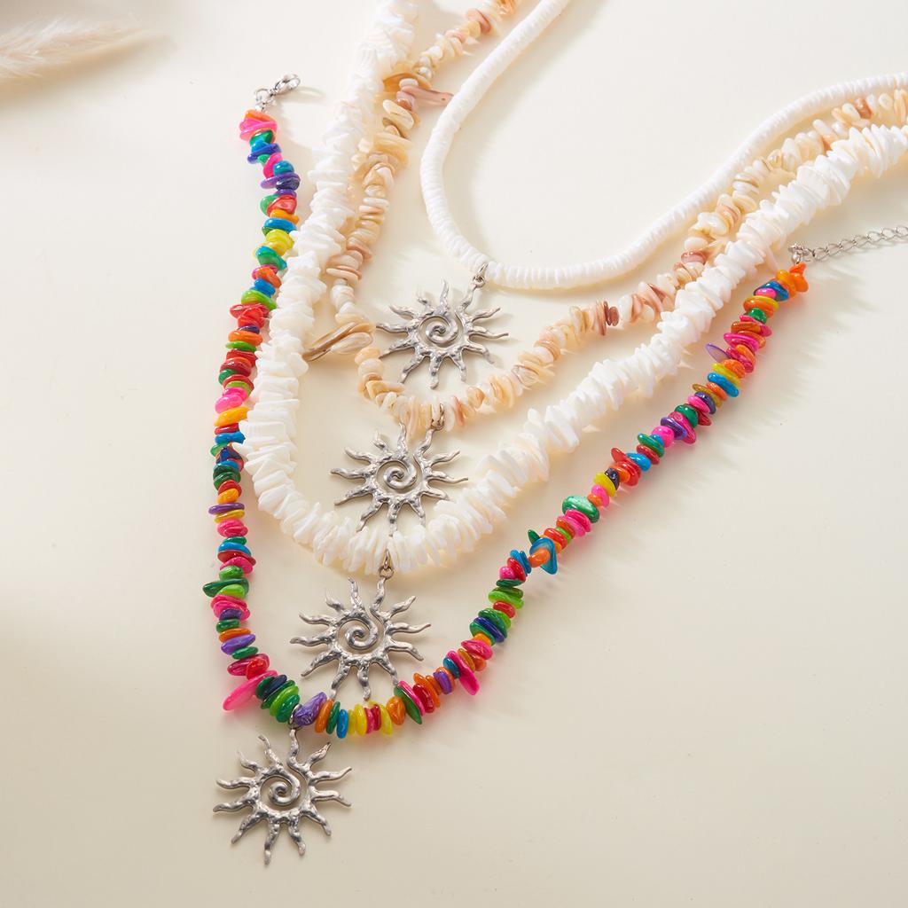 Bohemian Rainbow Beaded Choker Necklace for Women Vintage Silver Color Sun Pendant Necklaces Summer Beach Vacation Jewelry Gift