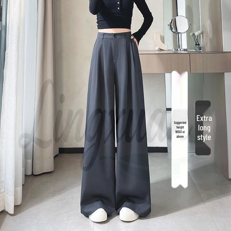 Women s 2026 High Waist Gray Wide-Leg Suit Pants - Spring/Autumn Relaxed Fit S