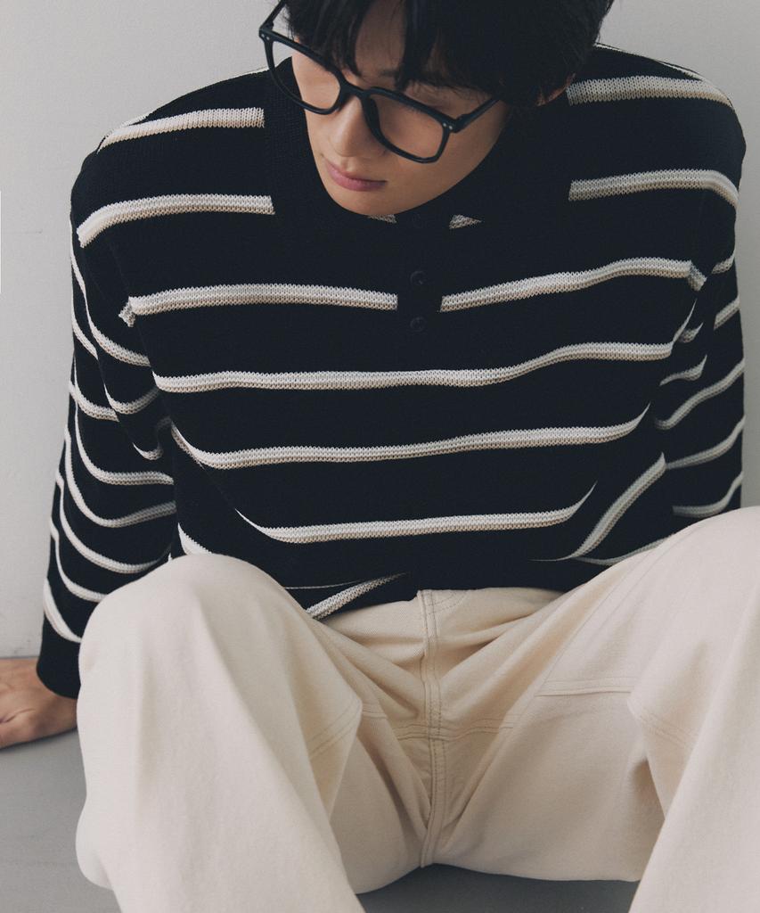 NODU Multi-Color Block Collared Stripe Knit T-Shirt [Black]