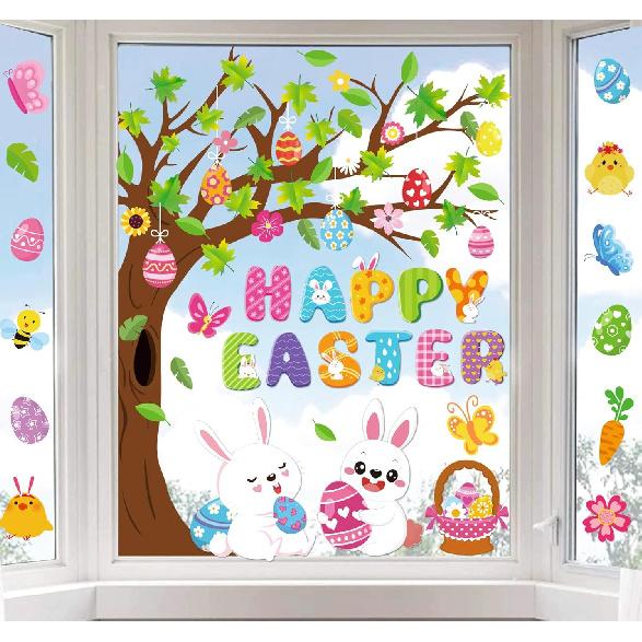 Whaline 6 Sheets St. Patrick's Day Window Clings Large Clover Tree Gnome Window Decals Double-Sided Green Shamrock Gold Co Windows Decor for Irish