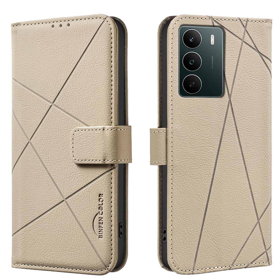 

For Realme C71 4G Case BINFEN COLOR BF35 Geometry Imprinted Leather Phone Cover RFID Blocking Wallet Stand Beige