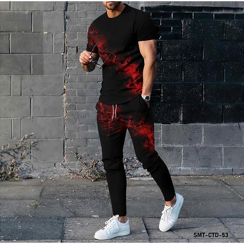 Set di Abbigliamento da Uomo a Due Pezzi T-shirt a Maniche Corte alla Moda con Stampa 3D a Motivo Graffiti a Pois e Pantaloni