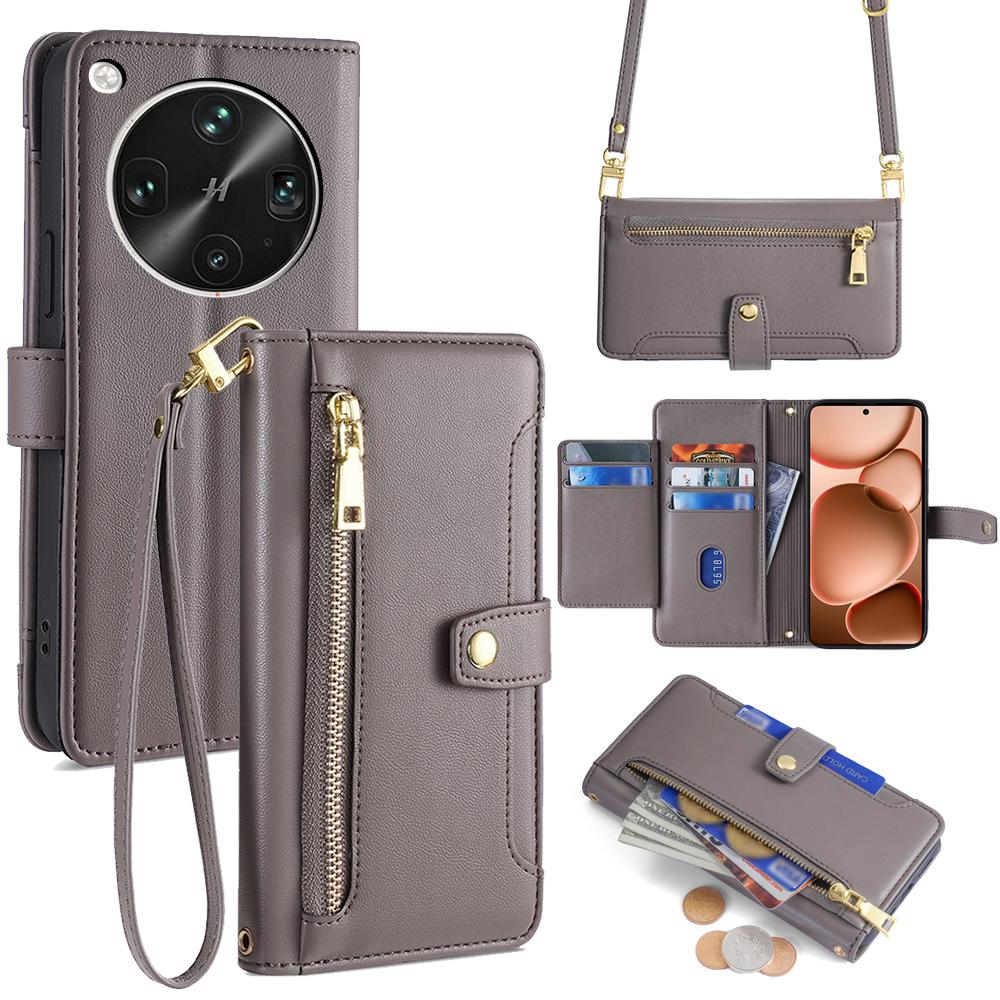 For Oppo Find X8 Ultra 5G Leather Case Zipper Pocket Wallet Phone Cover with 2 Straps