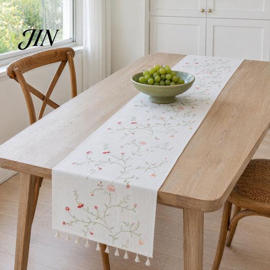 Floral Embroidery Table Runner Embroidered Runner, Elegant Dining Cover, White Rustic Durable for with Tassels Home Wedding Bridal Shower Decor